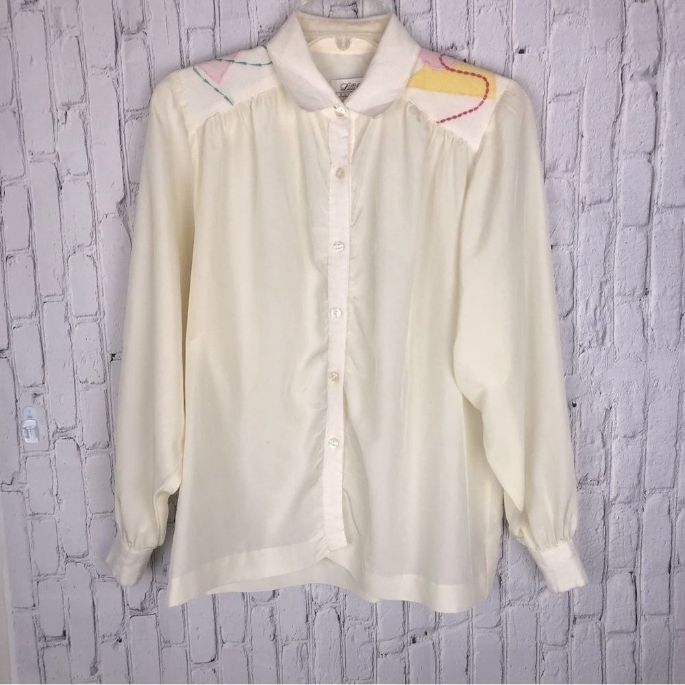 Vintage Lilli Ann ivory long sleeve blouse with abstract print